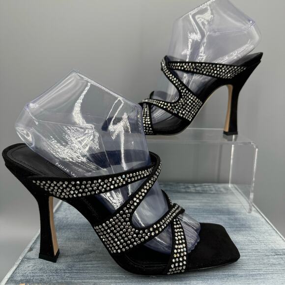 Nine West Adyson Embellished Square Toe Heeled Sandals Black Size 8M - Picture 1 of 10